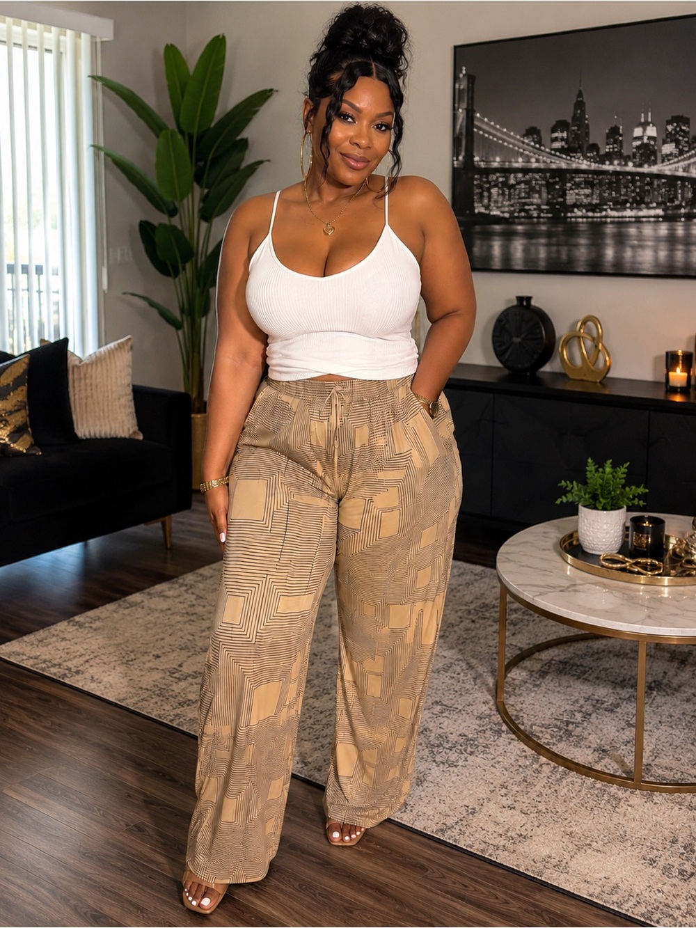 Wide-Leg Geometric Print Pants - Tan